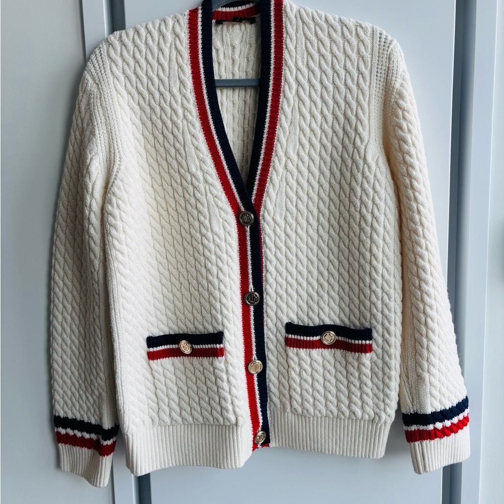 Maje Ivory Cardigan with Navy and Crimson Trim